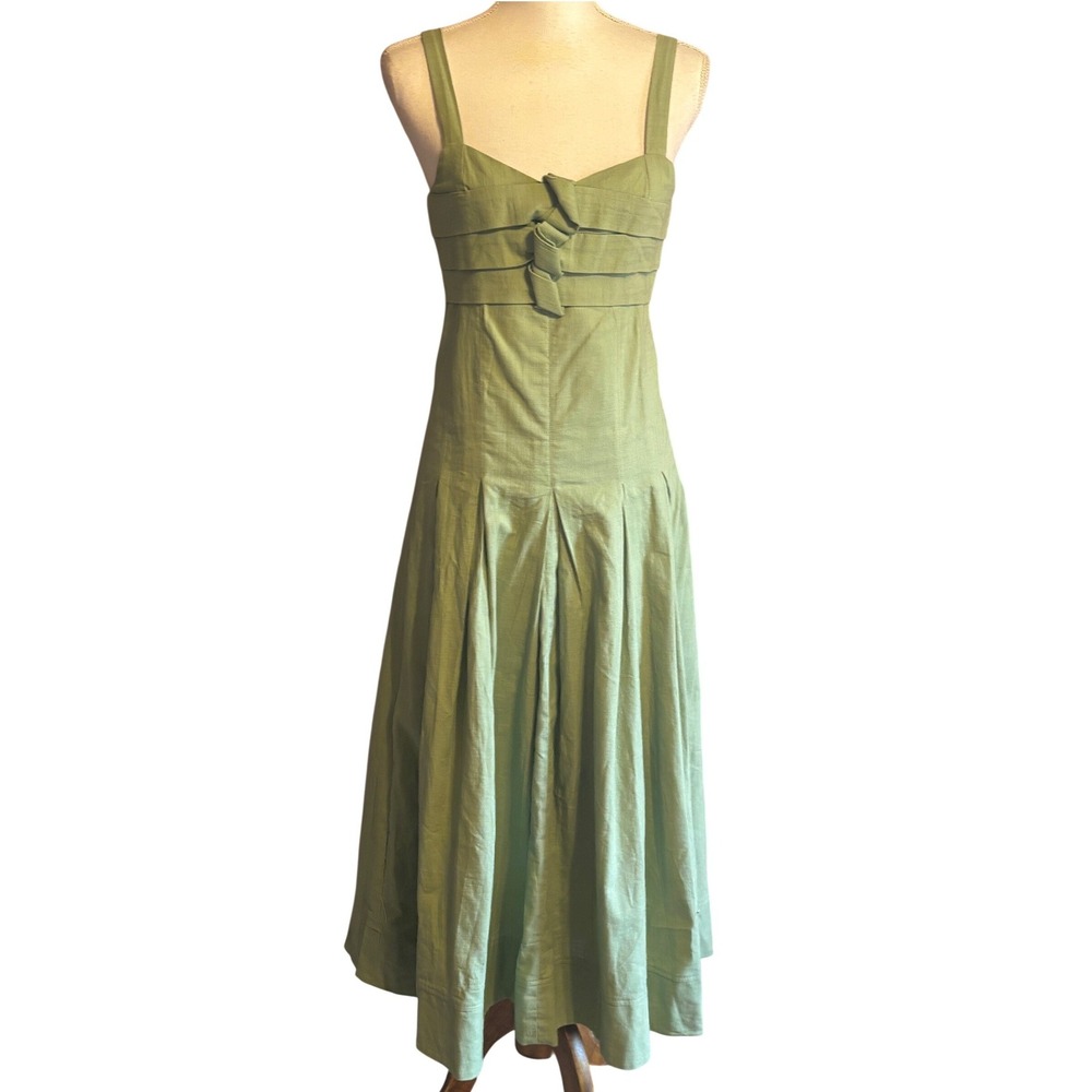 Moon River Sage Green Cotton Bow Front Pleated Midi Dress Small Sundress
